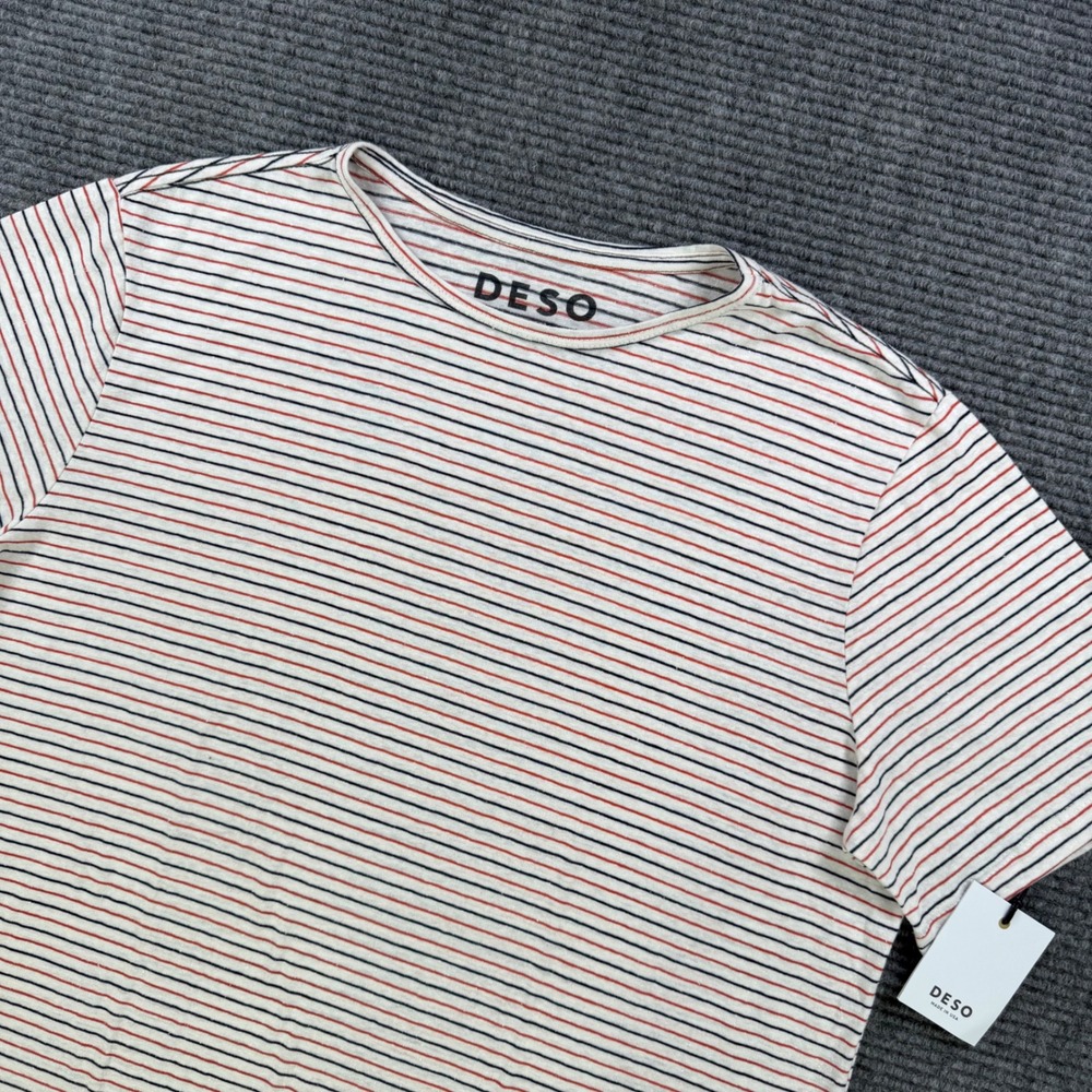 NEW DESO Mens XL Midtown Stripe Tee Cream Red Navy Hemp Organic Cotton Comfort